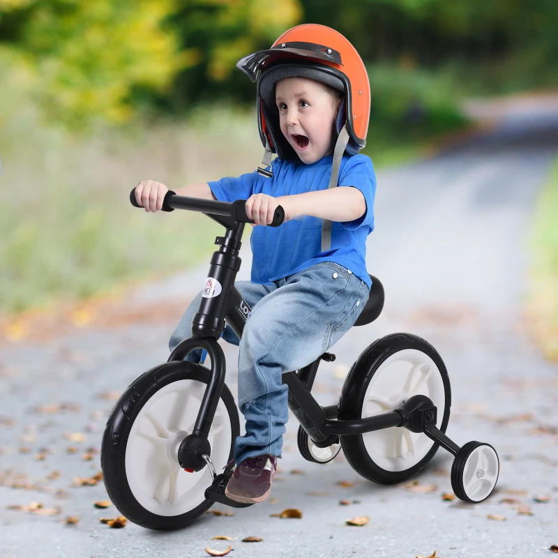 HOMCOM Bici Senza Pedali per Bambini da 2-5 Anni con Sellino Regolabile, Ruote Ausiliarie e Pedali, Nero
