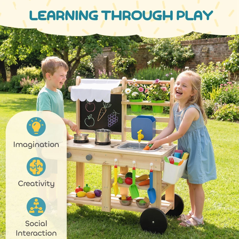 AIYAPLAY Mud Kitchen with Real Water Faucet Pretend Play Kitchen Playset with Sink and Storage Natural Wood