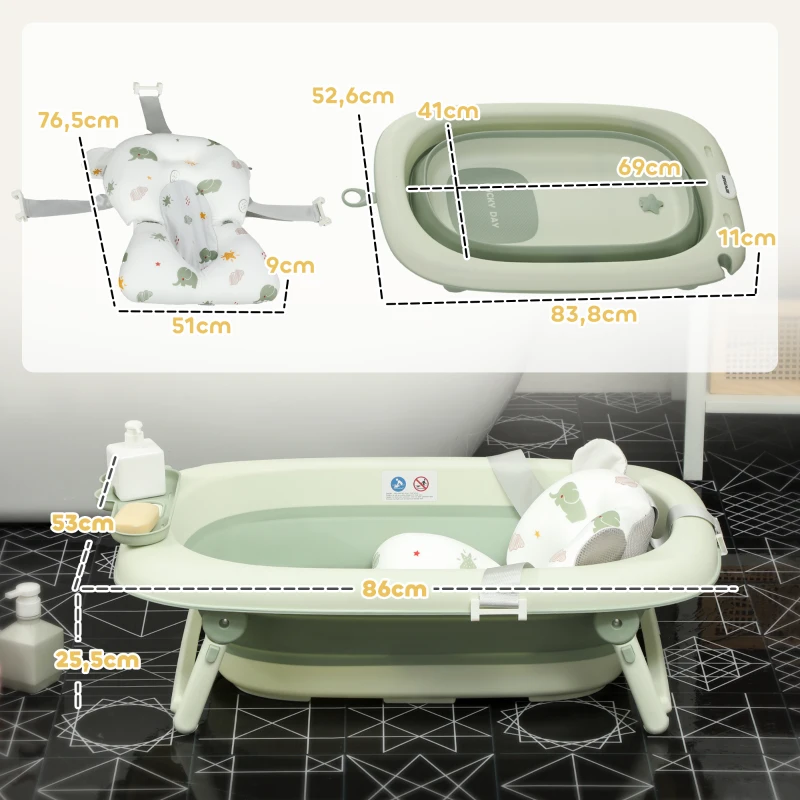AIYAPLAY Banheira Dobrável Bebé com Almofada de Banho Suporte Orifício de Drenagem e de Chuveiro 86x53x25,5 cm Verde