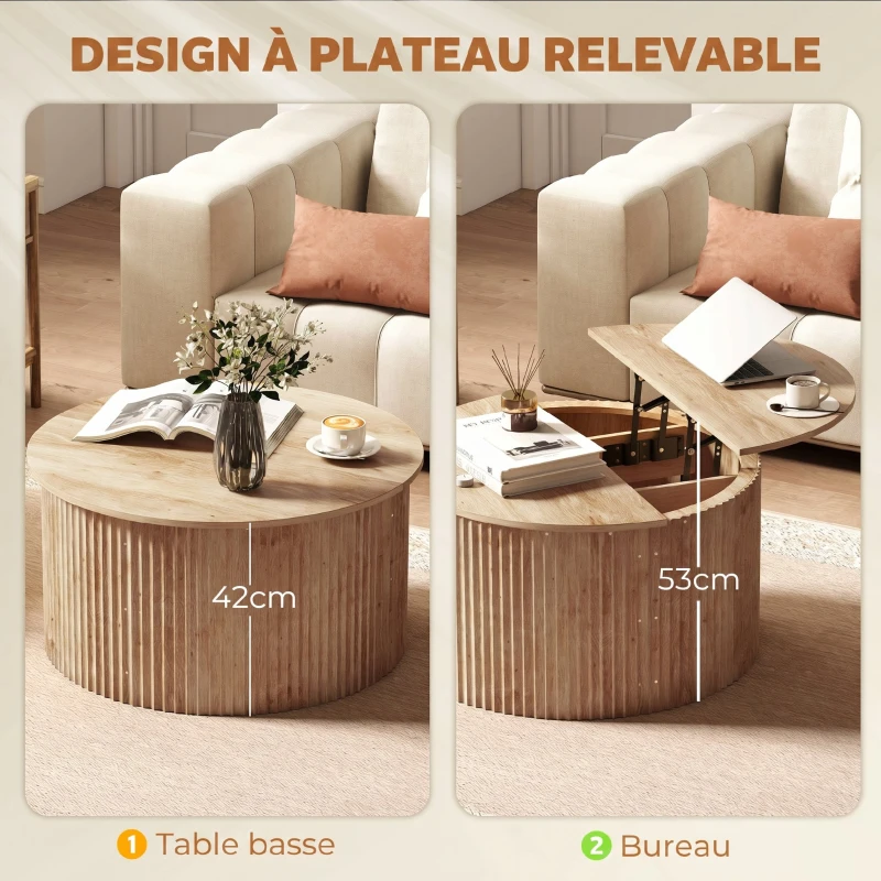 HOMCOM Table basse relevable, table de salon avec compartiment caché et plateau à fermeture douce, bois naturel