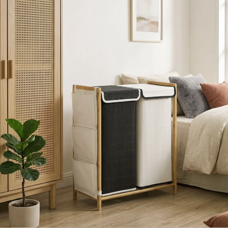 HOMCOM Cesto Portabiancheria 2 Scomparti 120L con Coperchi, Tasche Laterali, Sacchi Estraibili per Camera da Letto