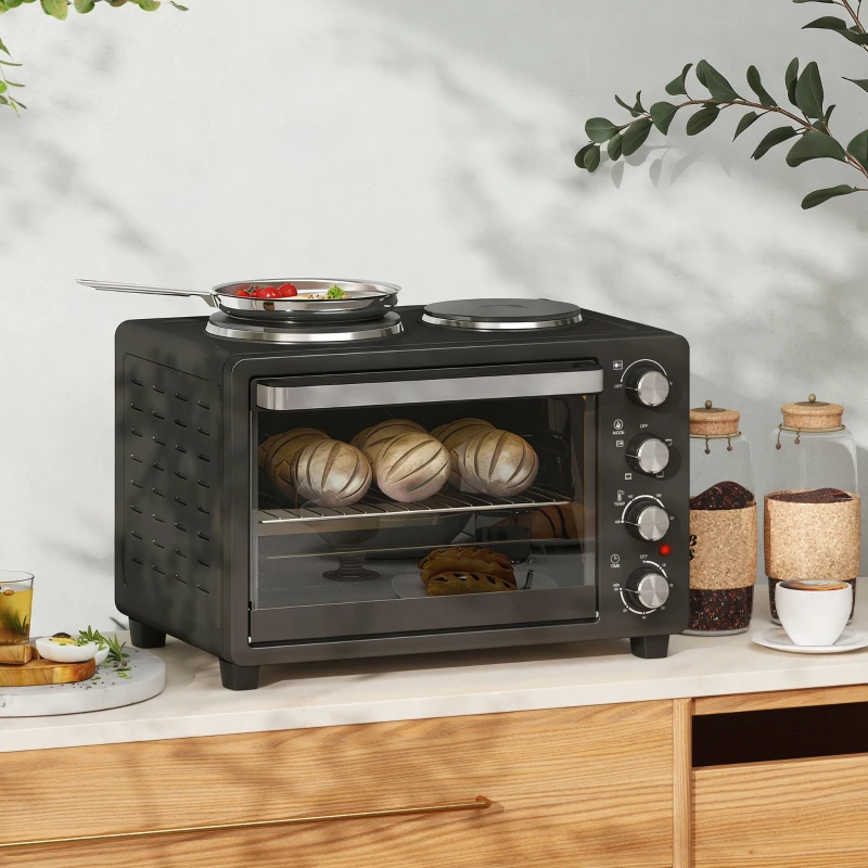 HOMCOM 28L Toaster Oven with Double Hotplate, 1600W Countertop MIni Oven with 60 Minute Timer & 230°C Temp Control, Baking Tray & Wire Rack, Black