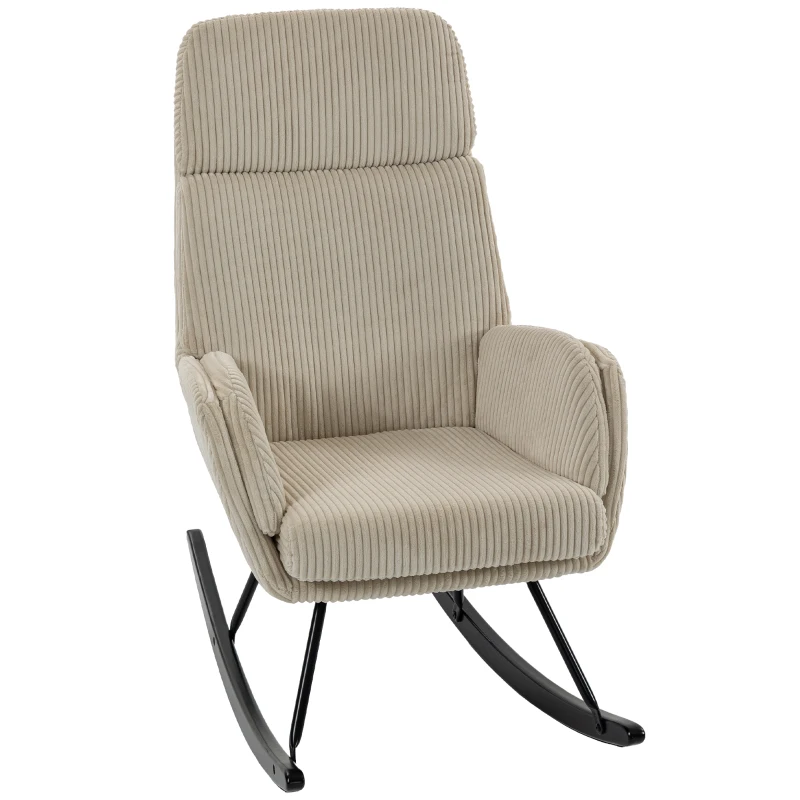 HOMCOM Fauteuil à Bascule, Rocking Chair en Velours Côtelé avec Dossier Haut et Accoudoirs, Pieds en Bois d'hévéa, Beige