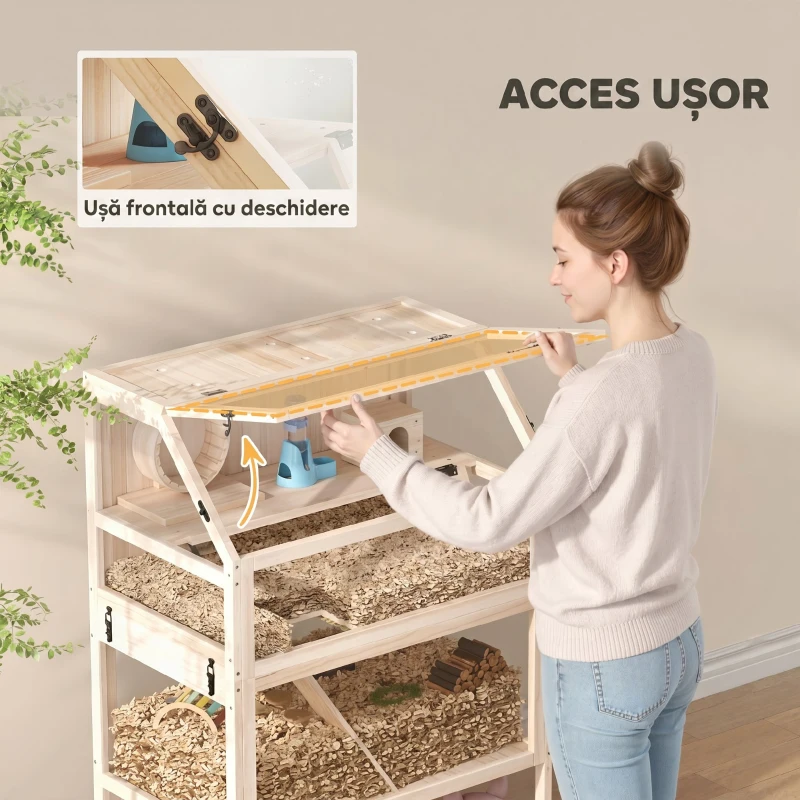 PawHut Cușcă pentru hamster din lemn 3 etaje Cușcă pentru rozătoare cu podea detașabilă Raft Roată Balansoar Rampă Căsuță 80x53x117cm Lemn natural