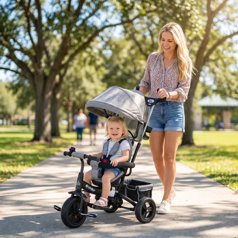 HOMCOM Triciclo Evolutivo para Niños +12 Meses con Toldo Plegable Mango de Empuje Telescópico y Cinturón de Seguridad Gris
