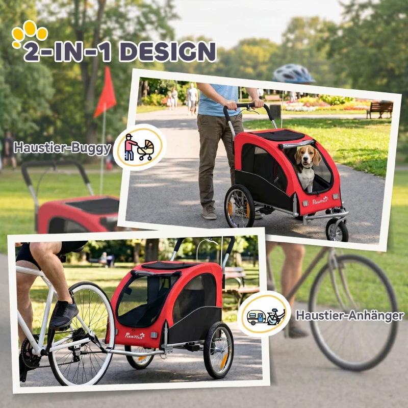 PawHut 2-in-1 Hundeanhänger für Fahrrad Faltbarer Hundebuggy für kleine & mittelgroße Hunde bis 20 kg, Rot