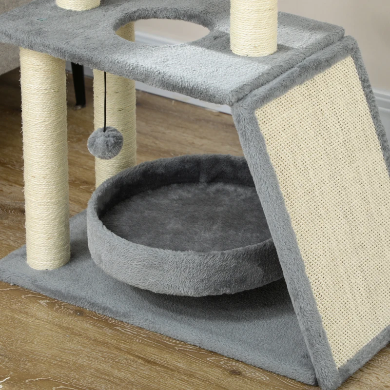 PawHut Kratzbaum Katzenbaum, inkl. Spielzeug und Katzenbett, 60 cm x 30 cm x 76 cm, Hellgrau