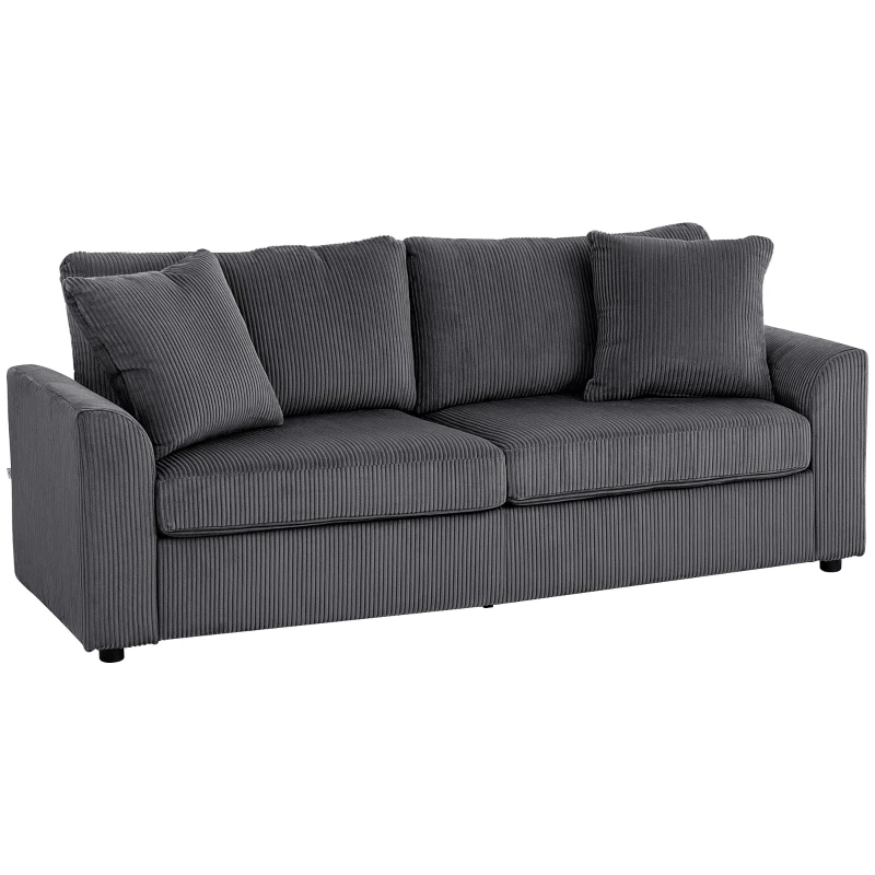 HOMCOM Canapé 3 places 212 cm avec 2 coussins à ressorts, tissu velours côtelé, pour salon, chambre, bureau à domicile, gris foncé