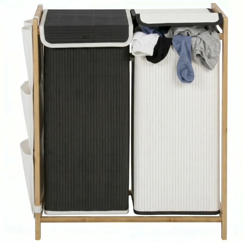 HOMCOM Cesto Portabiancheria 2 Scomparti 120L con Coperchi, Tasche Laterali, Sacchi Estraibili per Camera da Letto