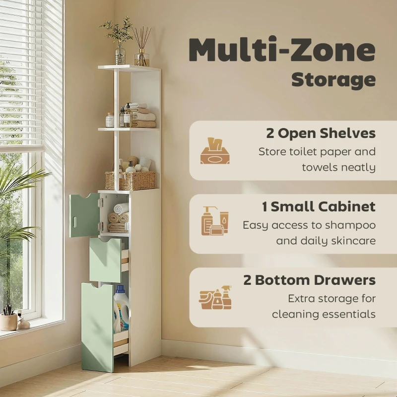 HOMCOM Slim Bathroom Storage Cabinet, Tall Bathroom Floor Cabinet with 2-Tier Shelf and 2 Drawers, White and Light Green