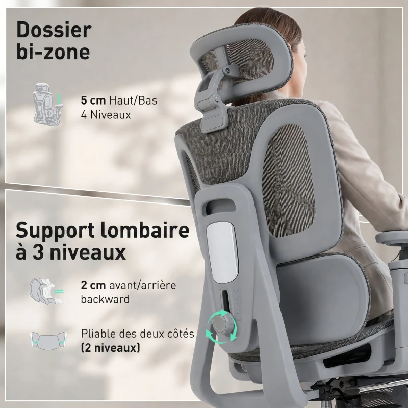HOMCOM Chaise Bureau Ergonomique avec Accoudoirs 6D Appui-Tête et Profondeur d'Assise Réglables Maille Gris