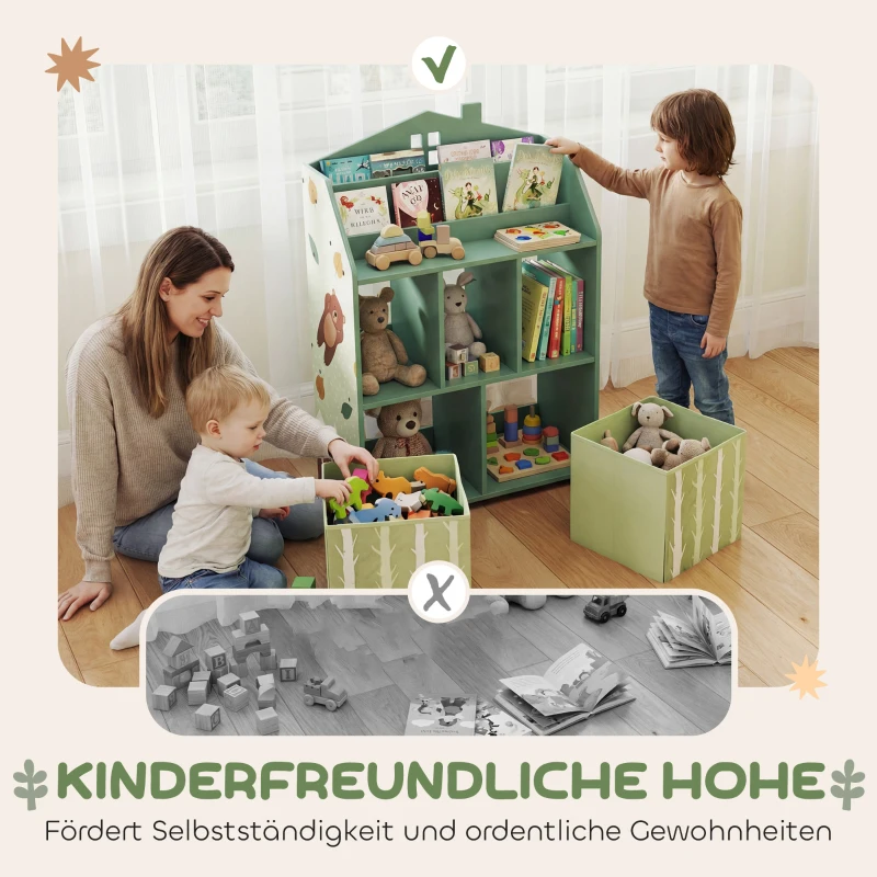 AIYAPLAY Kinderregal Bücherregal Kinder mit 2 Stoffschubladen offen Regal für 3-8 Jahre 62,5x30x91,5 cm Grün