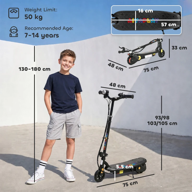 HOMCOM Monopattino elettrico 120 W pieghevole per bambini 7-14 anni 12 Km/h max. autonomia 10 Km max. nero