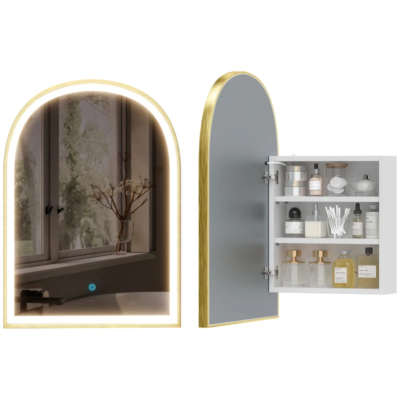 HOMCOM Armoire murale salle de bain avec miroir et éclairage LED, porte arquée, anti-buée, 50x14,5x70cm, doré