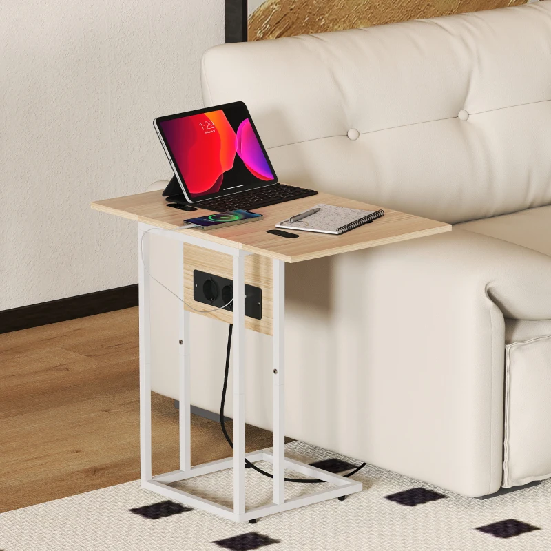 HOMCOM Mesa Auxiliar para Sofá con Encimera Plegable y Estación de Carga Forma de C para Salón Blanco y Natural