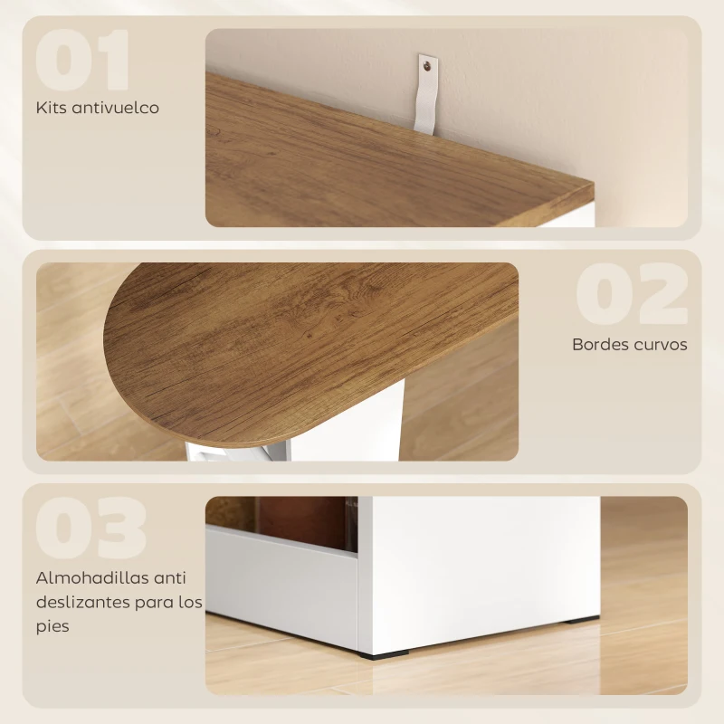 HOMCOM Mesa de Bar Extensible y Giratoria 90° con Estantes Abiertos y 2 Puertas de Vidrio 150x80x105,5 cm Blanco y Natural