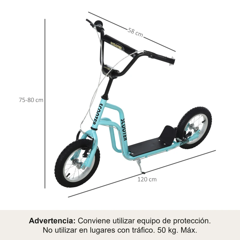HOMCOM Patinete Infantil de +5 Años con Manillar Ajustable en Altura y Estructura de Acero Carga 100 kg 120x58x75-80 cm Azul