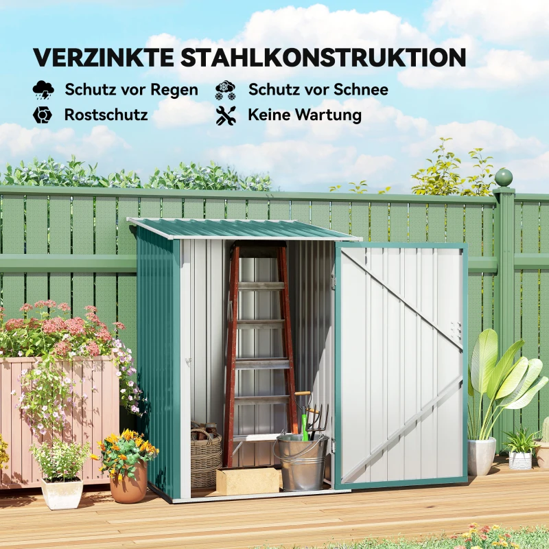 Outsunny Gerätehaus Metall, Gartenschuppen mit Pultdach, Abschließbare Tür, Außenbereich, 100x103x160 cm, Grün