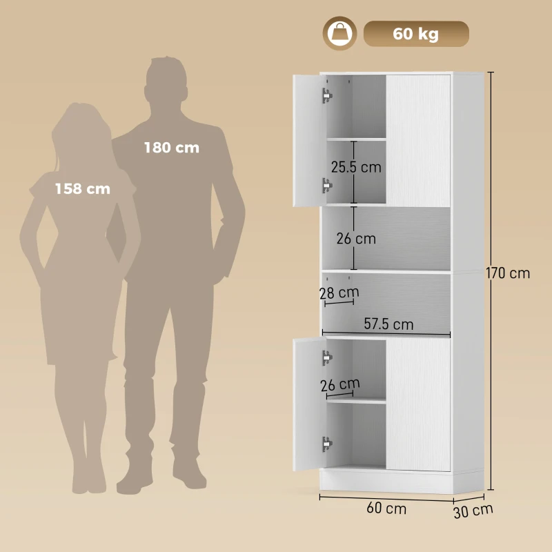 HOMCOM Dulap Cămară de Bucătărie 170cm, cu Raft Reglabil, Alb