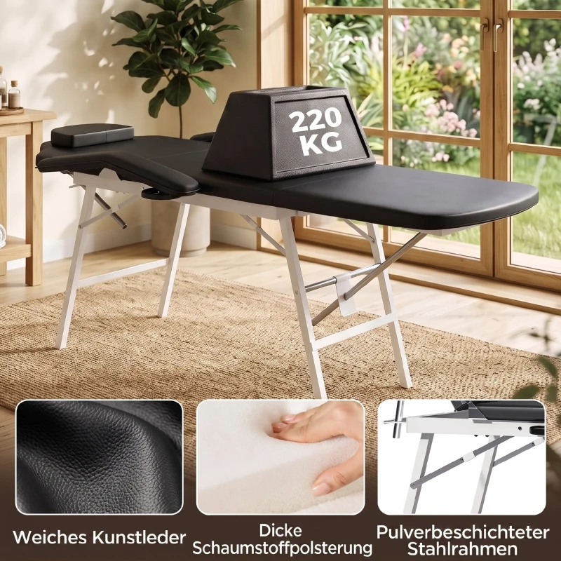 HOMCOM Tragbare Massageliege, 3-teilige verstellbare Kosmetikliege mit Gesichtsausschnitt, abnehmbarer Kopfstütze und Armlehnen