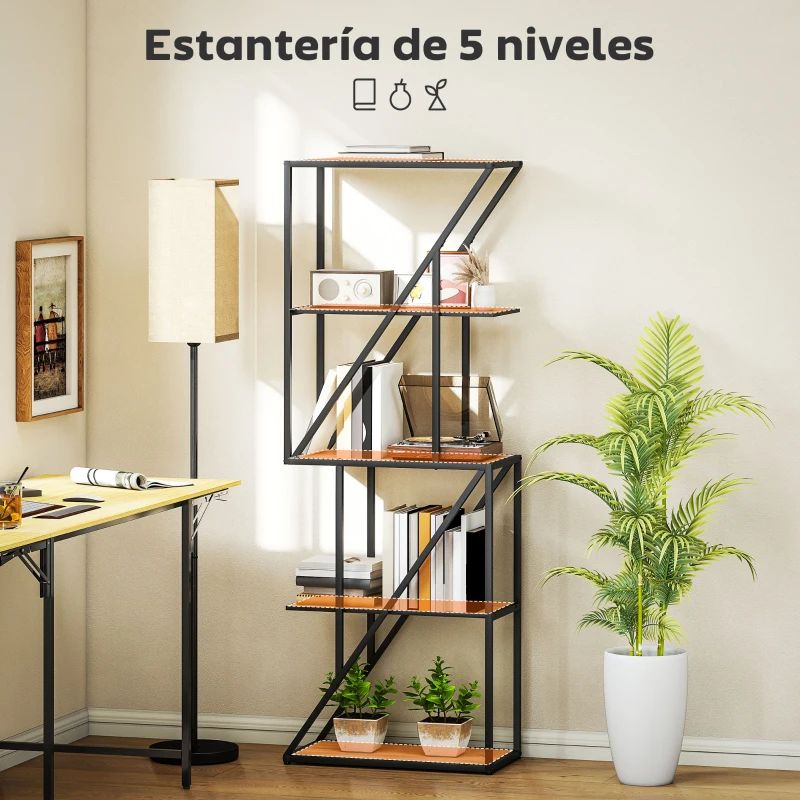 HOMCOM Librería de 5 Niveles Estantería para Libros Industrial con Estantes Abiertos y Marco de Acero 60x30x165 cm Roble