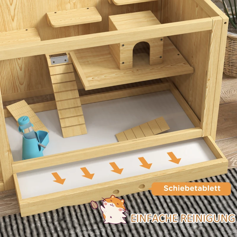 PawHut Knaagdierkooi, Sparrenhout, inclusief accessoires en drinkfles, 100 x 50 x 50 cm, Natuurlijk