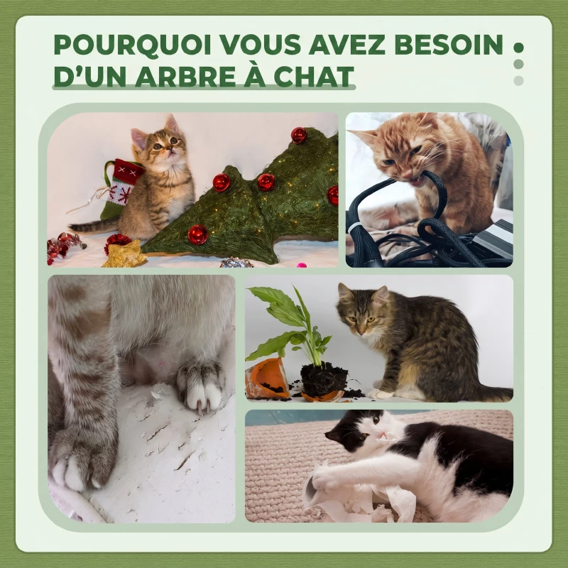 PawHut Arbre à Chat avec Griffoir, Centre d'Activités, Plateformes, Coussin, 45 x 45 x 91 cm, Vert et Beige