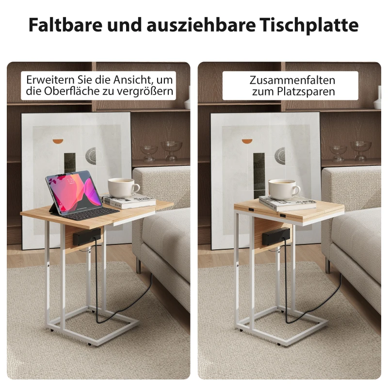 HOMCOM Opvouwbare Bijzettafel met Oplaadstation, USB-poorten, Metaal, 39 x 29 x 57 cm, Houtkleur