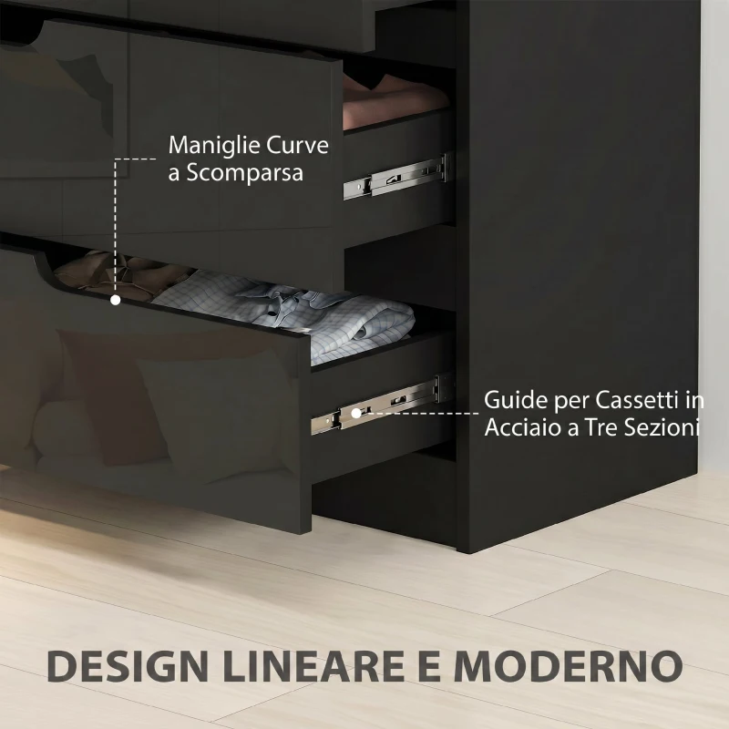 HOMCOM Cassettiera 4 Cassetti Moderna e Minimal in Legno, 60x40x85 cm, Nero Lucido
