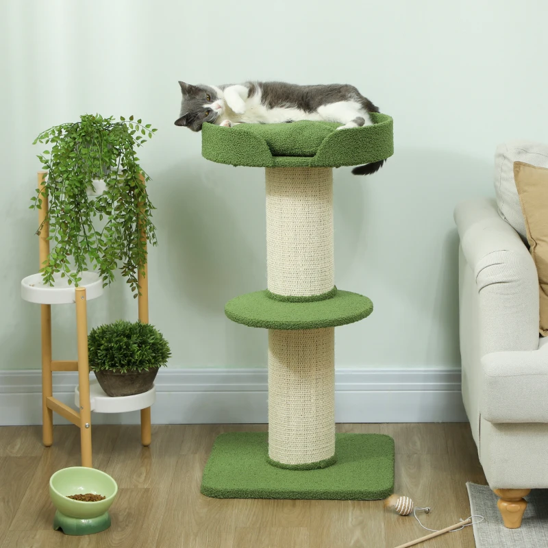 PawHut Arbre à Chat avec Griffoir, Centre d'Activités, Plateformes, Coussin, 45 x 45 x 91 cm, Vert et Beige