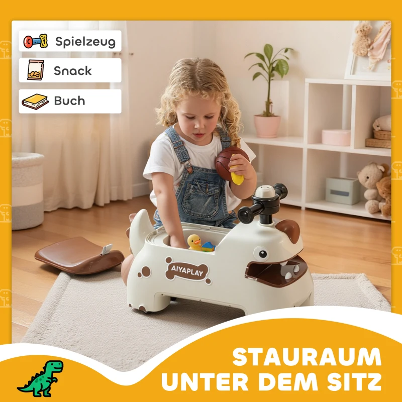 AIYAPLAY Ruschauto, Dino-Design, Lenkrad, Lichter, Geräusche, 4 Räder, Cremeweiß+Braun