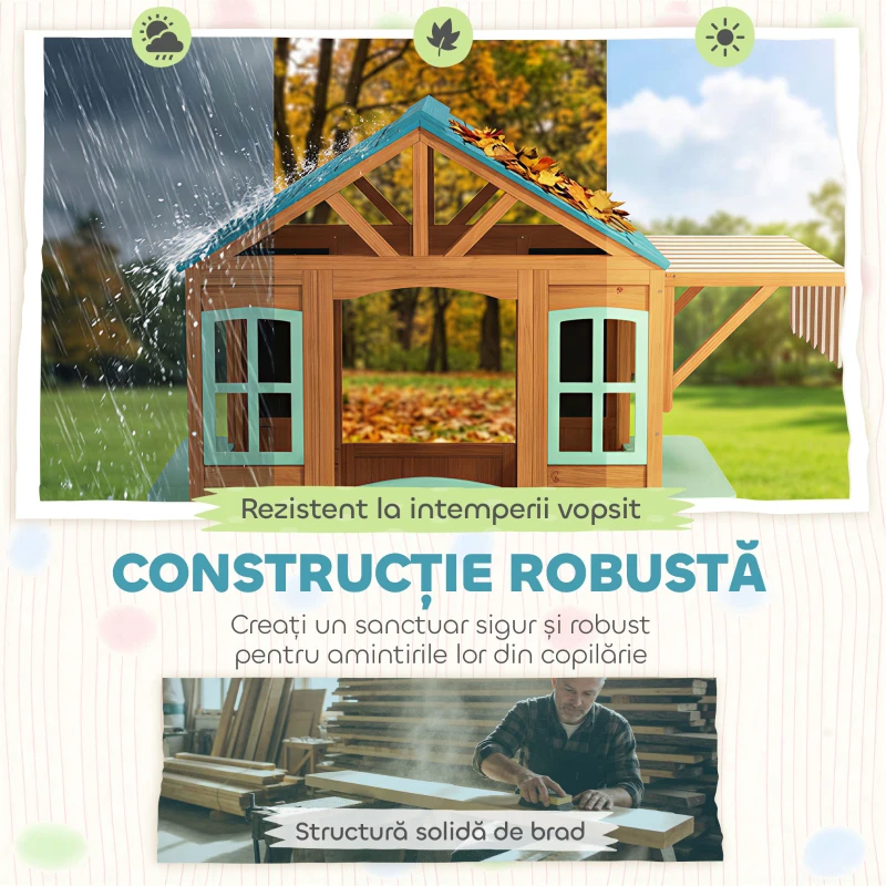 AIYAPLAY Căsuță de Joacă de Exterior cu Bar pentru Gustări, Ușă Pe Jumătate, Ferestre, Suporturi pentru Ghivece, Tablă de Desen, Tablă de Țintă, 4 Bile