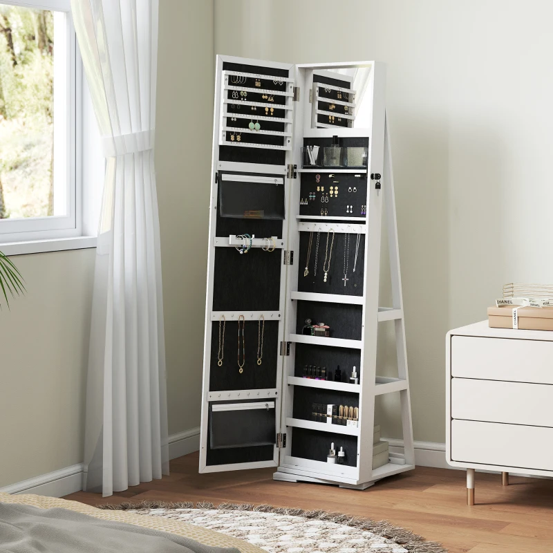 HOMCOM Armoire à Bijoux pivotante verrouillable boîte à bijoux avec Miroir - Armoire Bijoux Multi-Rangement - en Bois Blanc
