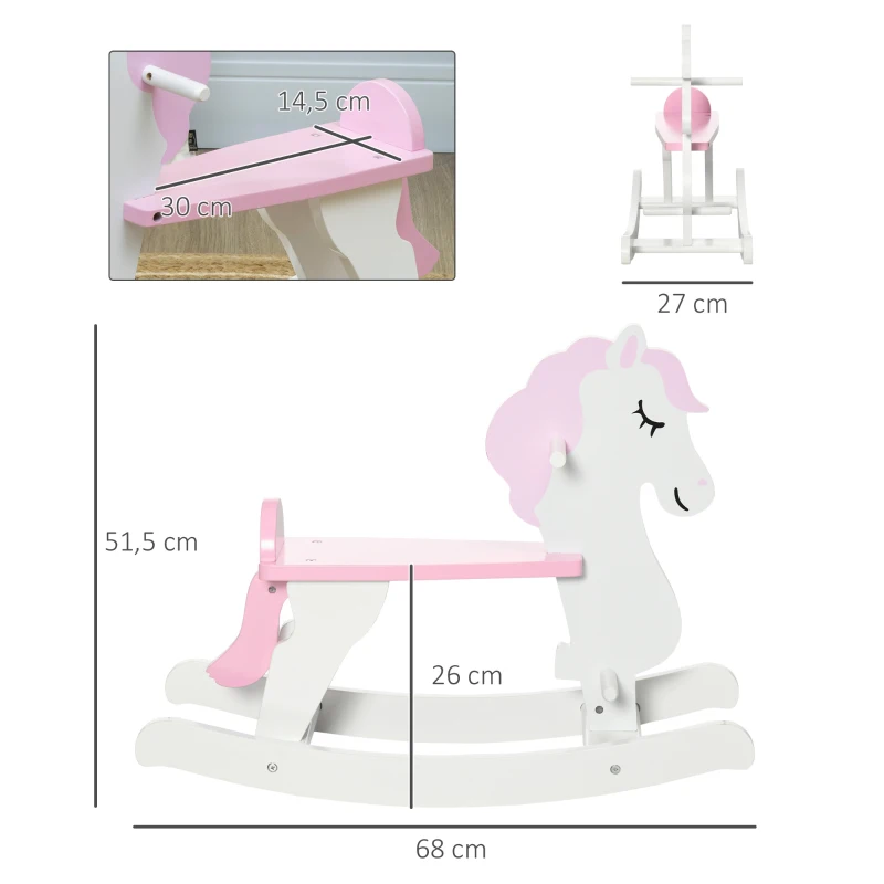 HOMCOM Caballito Balancín para Niños de 1-3 Años de Madera con Manillar y Pedales Carga 50 kg 68x27x51,5cm Blanco y Rosa