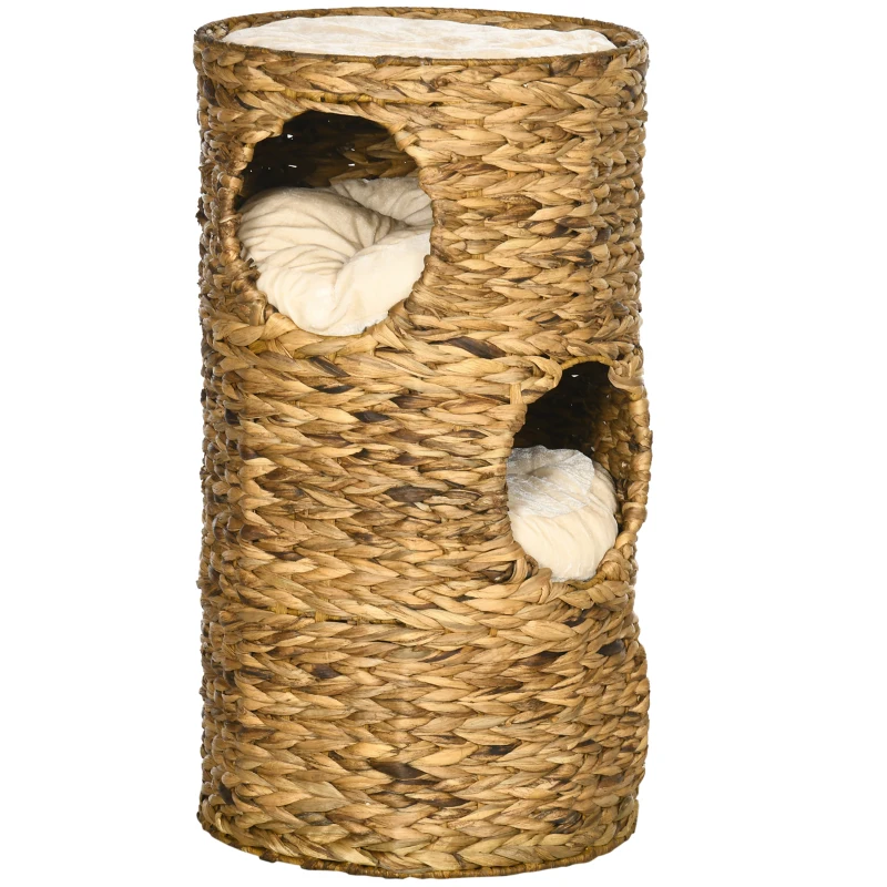 PawHut Tonneau à Gratter pour Chat 3 Niveaux, Coussins, Tressage en Jacinthe d'Eau, Cadre en Acier, Ø 40 x 73 cm, Marron Clair