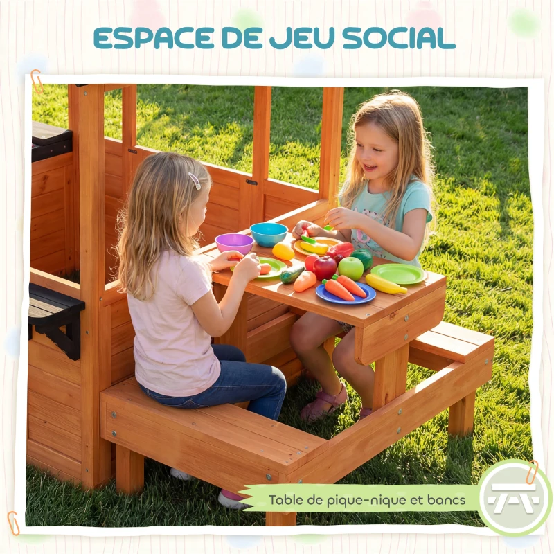 AIYAPLAY Cabane enfant extérieur en bois maison enfant extérieure table bancs évier porte fenêtre supports de fleurs marron