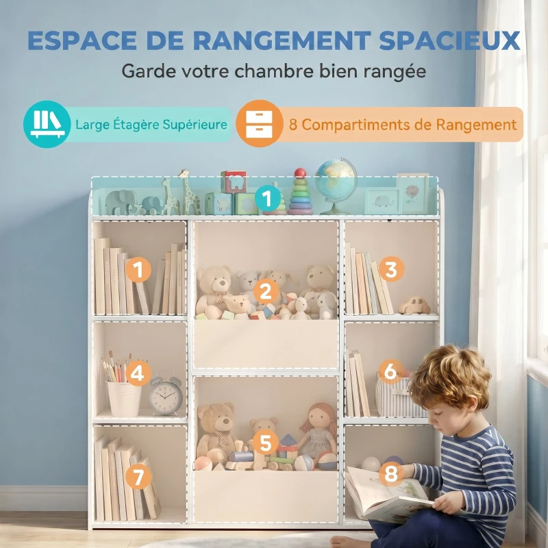 AIYAPLAY Meuble rangement enfant, bibliothèque enfants avec 8 compartiments et étagère supérieure, 104 x 29 x 101,5 cm, blanc