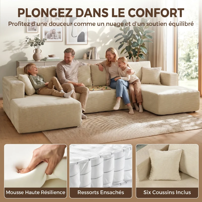HOMCOM Canapé Modulaire en U Compressé 337 cm, Canapé Convertible 4 places en Velours Côtelé, Assise Large, Crème