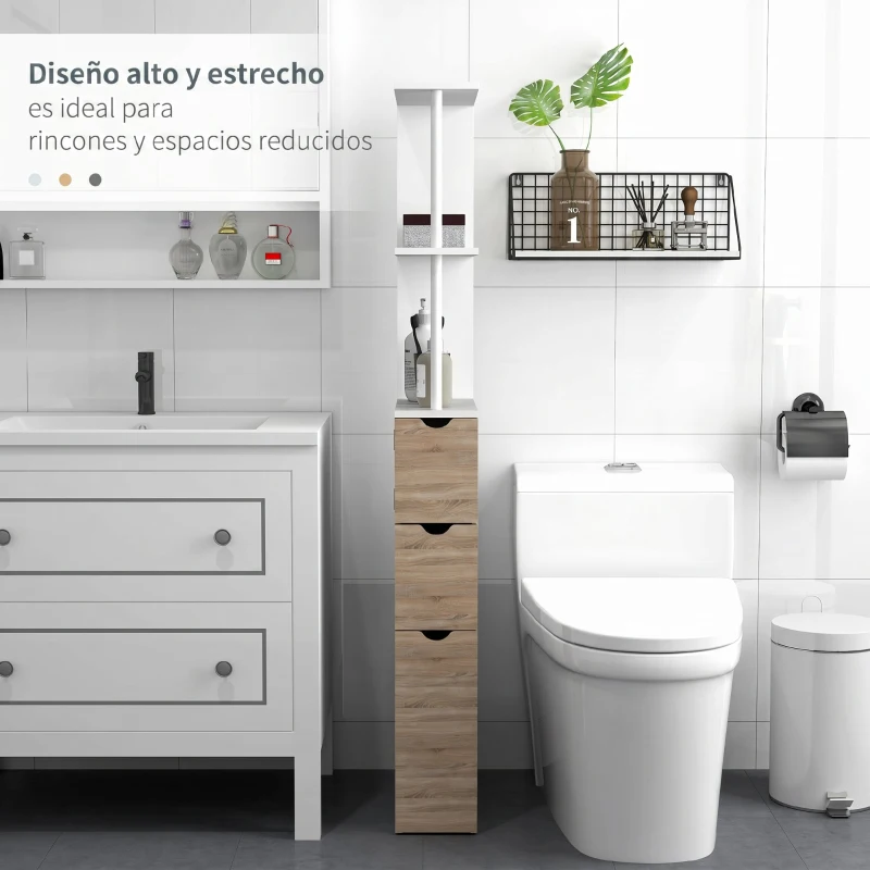 HOMCOM Columna de Baño Moderno Mueble Auxiliar de Baño con 2 Estantes 2 Cajones y 1 Puerta Antivuelco 15x33x136,8 cm Natural