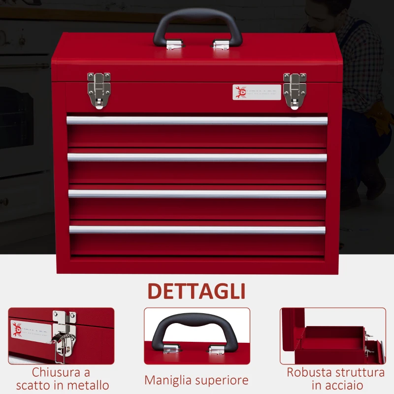 DURHAND Cassetta Porta Attrezzi in Acciaio con 4 Cassetti, Vassoio Superiore a Doppia Serratura, 51x22x39.5 cm, Rosso