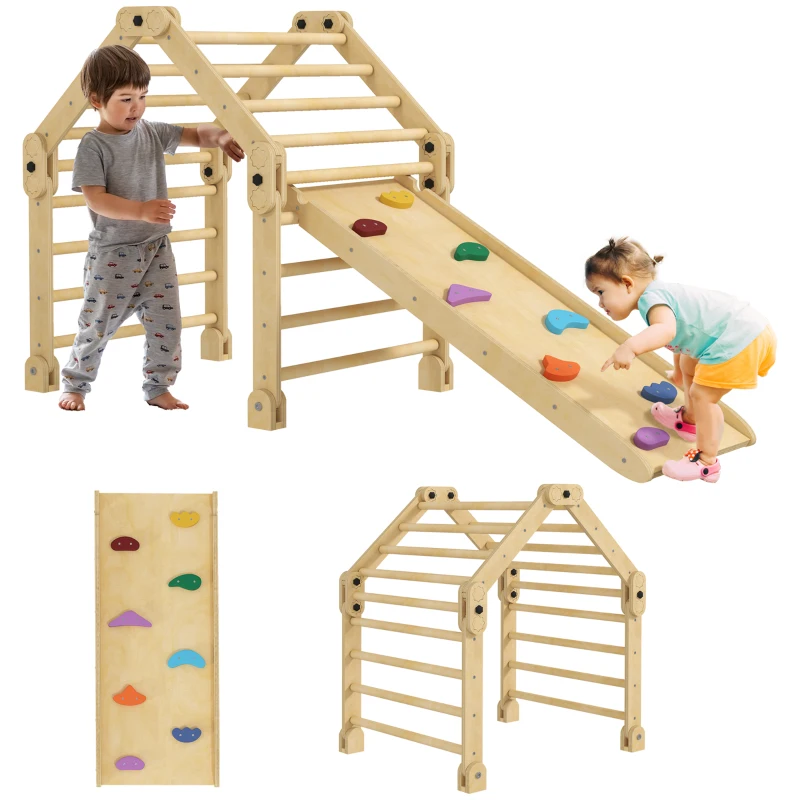 AIYAPLAY 3-in-1 Klimrek, opvouwbaar, Ladder & Glijbaan/Klimmuur, Hout, voor Kinderen van 1,5-4 Jaar(m-11)