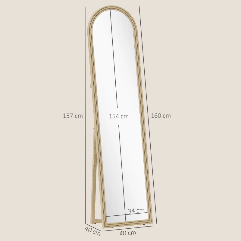 HOMCOM Espejo de Pie Cuerpo Entero con Marco Efecto Piedra Espejo de Pared con 2 Formas de Uso Arqueado 40x3,7x160 cm Beige