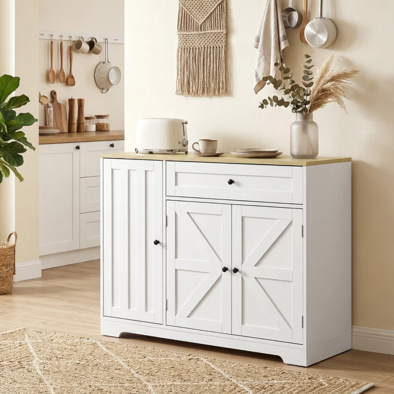 HOMCOM Sideboard, Landhausstil Küchenschrank mit Schiebetüren, 1 Schublade, 2 verstellbaren Einlegeböden, Türregalen