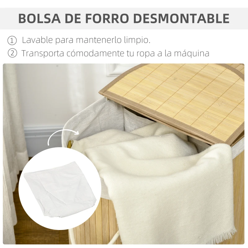 HOMCOM Cesto para Ropa Sucia de Bambú 100L 2 Compartimentos Bolsa Interior Extraíble y Lavable 62,5x37x60,5 cm Natural