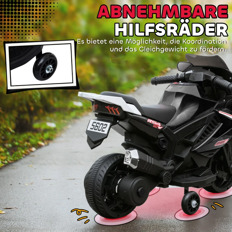 AIYAPLAY Elektro-Motorrad für Kinder, Hupe, Scheinwerfer, Musikfunktion, 2,5 km/h, Schwarz