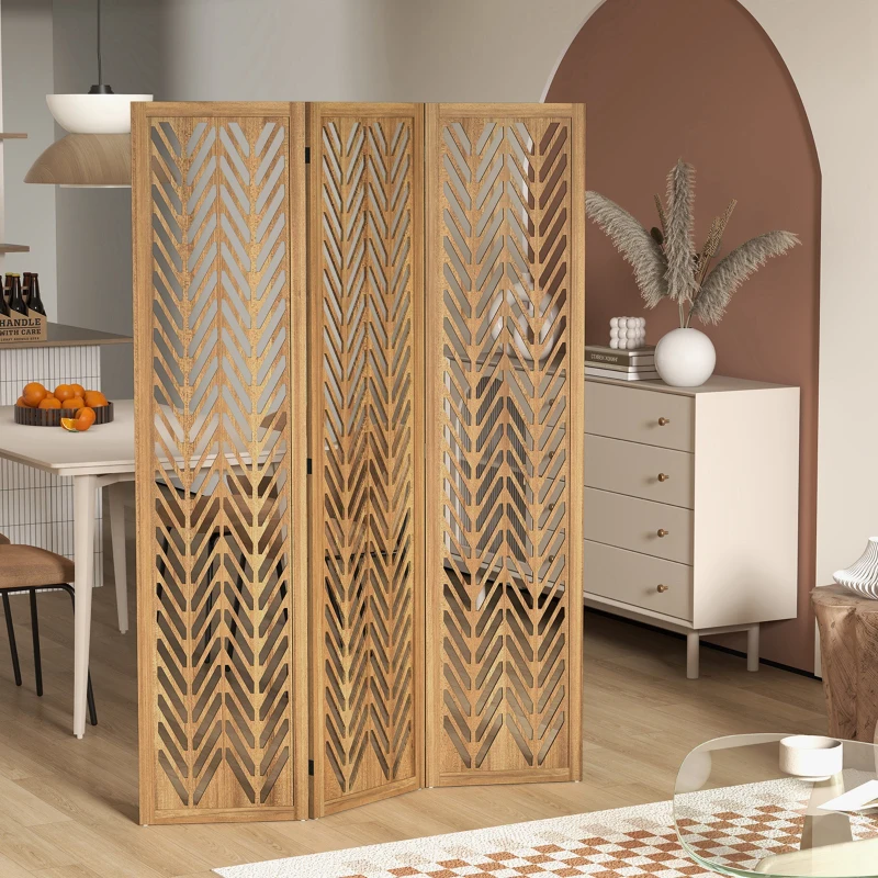 HOMCOM Separador de Ambientes Plegable de 3 Paneles 120x1,7x170 cm Biombo de Madera con Patrones Geométricos Natural