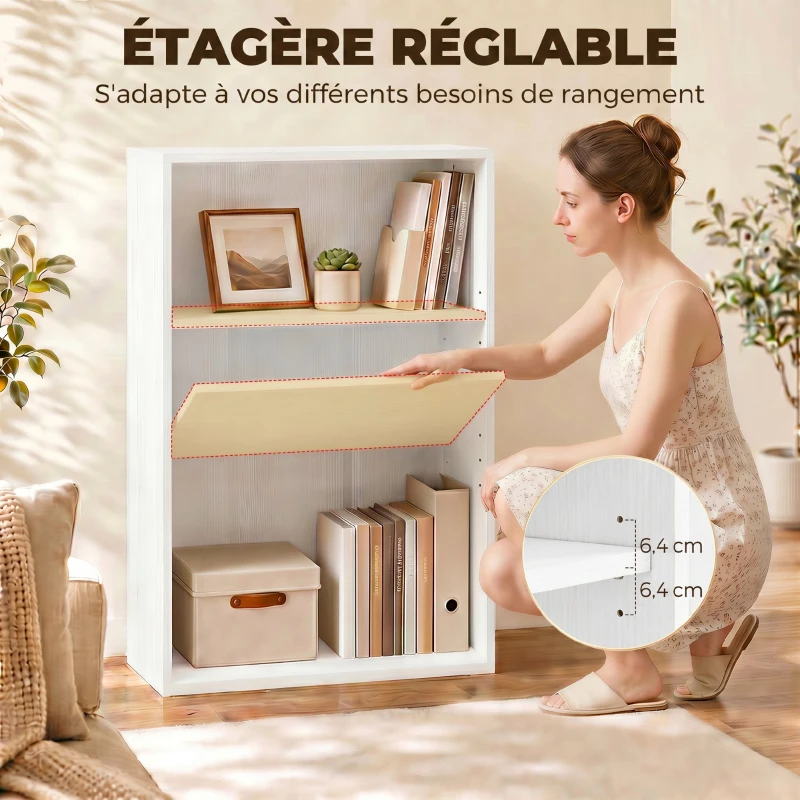 HOMCOM Bibliothèque étagère de rangement avec 3 compartiments et étagère réglable, 60 x 24 x 93 cm, blanc