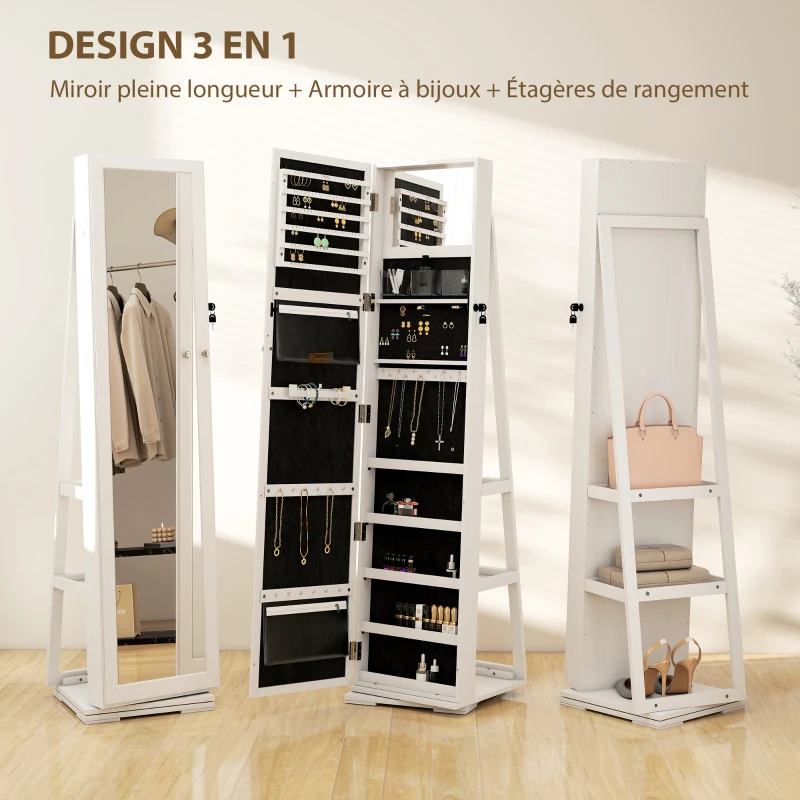HOMCOM Armoire à Bijoux pivotante verrouillable boîte à bijoux avec Miroir - Armoire Bijoux Multi-Rangement - en Bois Blanc