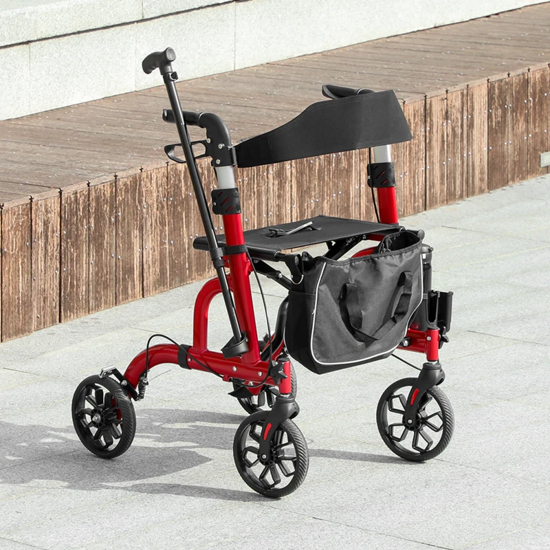 HOMCOM Lightweight Walking Frame, Folding Rollator Walker with Seat and Backrest, Red