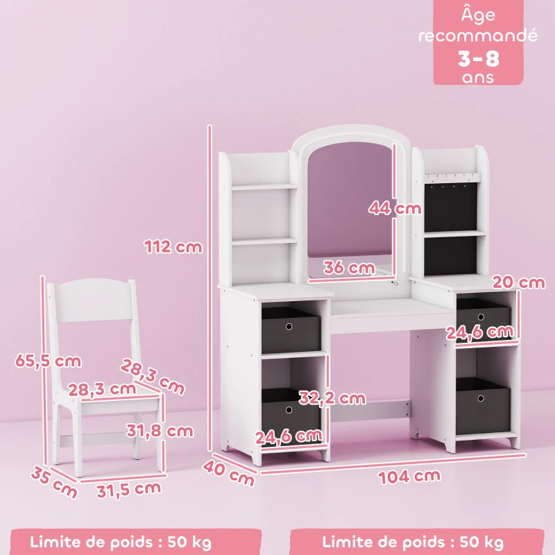 AIYAPLAY Coiffeuse pour enfants avec tabouret et miroir LED, table de maquillage pour 3 à 8 ans, 104 x 40 x 112 cm, blanc